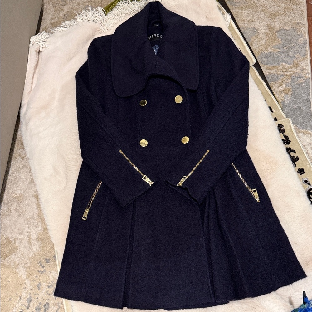 Guess Women's Dark Blue Pea Coat with Gold Accents